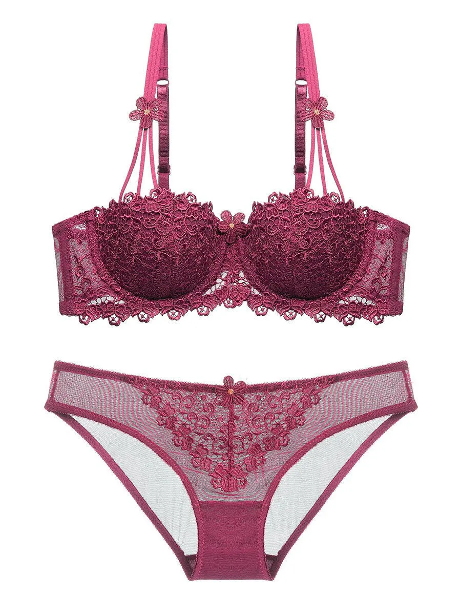 Thin 1/2 half cup bra lace sexy embroidery ladie's underwear bra set