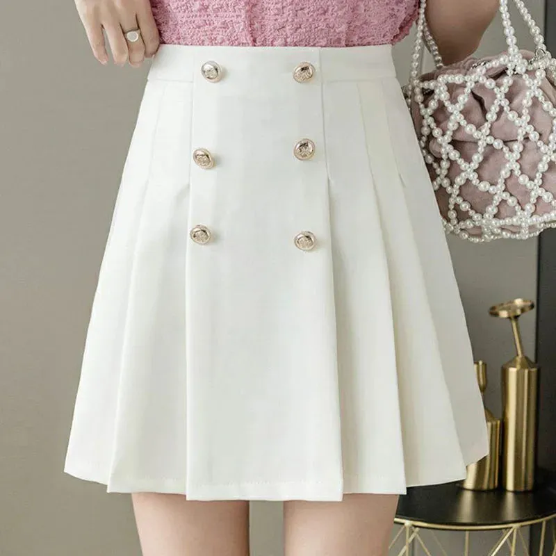 Toleet-Korean Chic Button Pleated Skirts Women Y2K Preppy Style High Waist Mini Skirts Female All-Match Zip A-Line Short Skirt