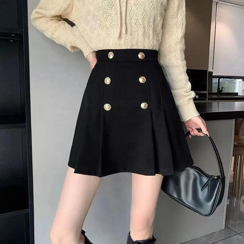 Toleet-Korean Chic Button Pleated Skirts Women Y2K Preppy Style High Waist Mini Skirts Female All-Match Zip A-Line Short Skirt