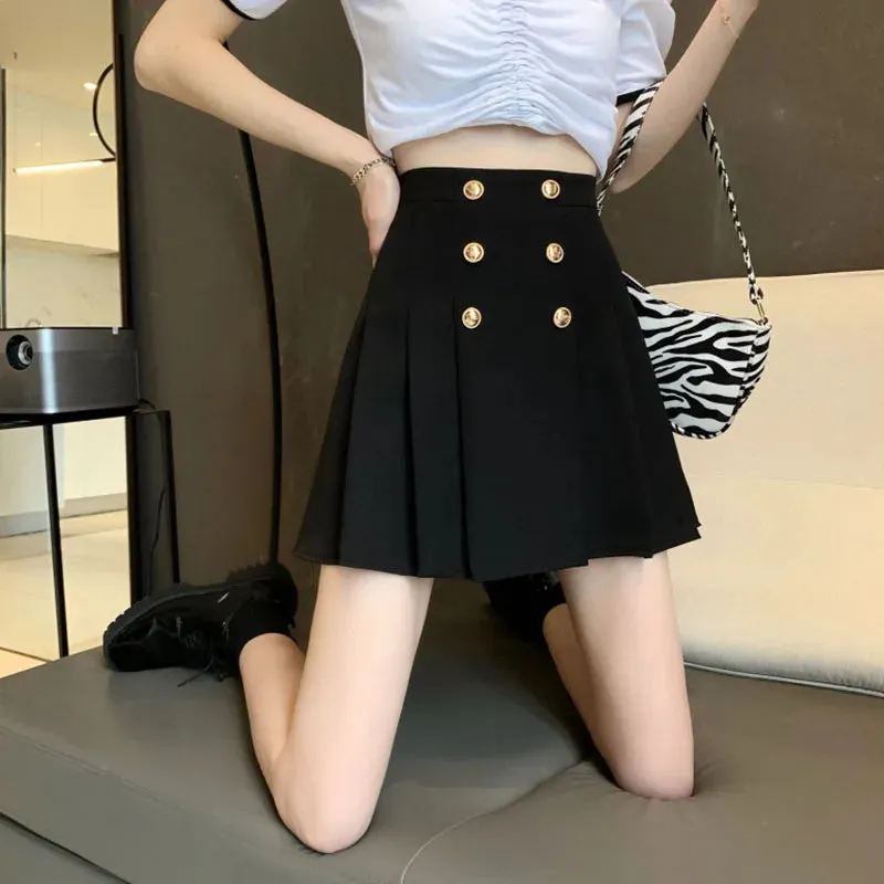 Toleet-Korean Chic Button Pleated Skirts Women Y2K Preppy Style High Waist Mini Skirts Female All-Match Zip A-Line Short Skirt