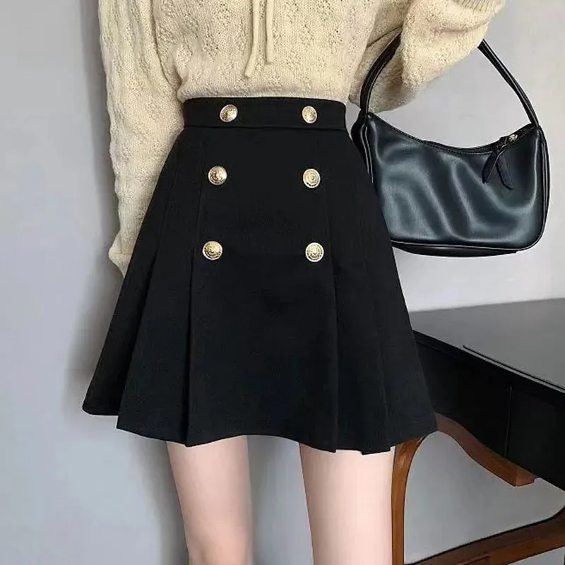 Toleet-Korean Chic Button Pleated Skirts Women Y2K Preppy Style High Waist Mini Skirts Female All-Match Zip A-Line Short Skirt