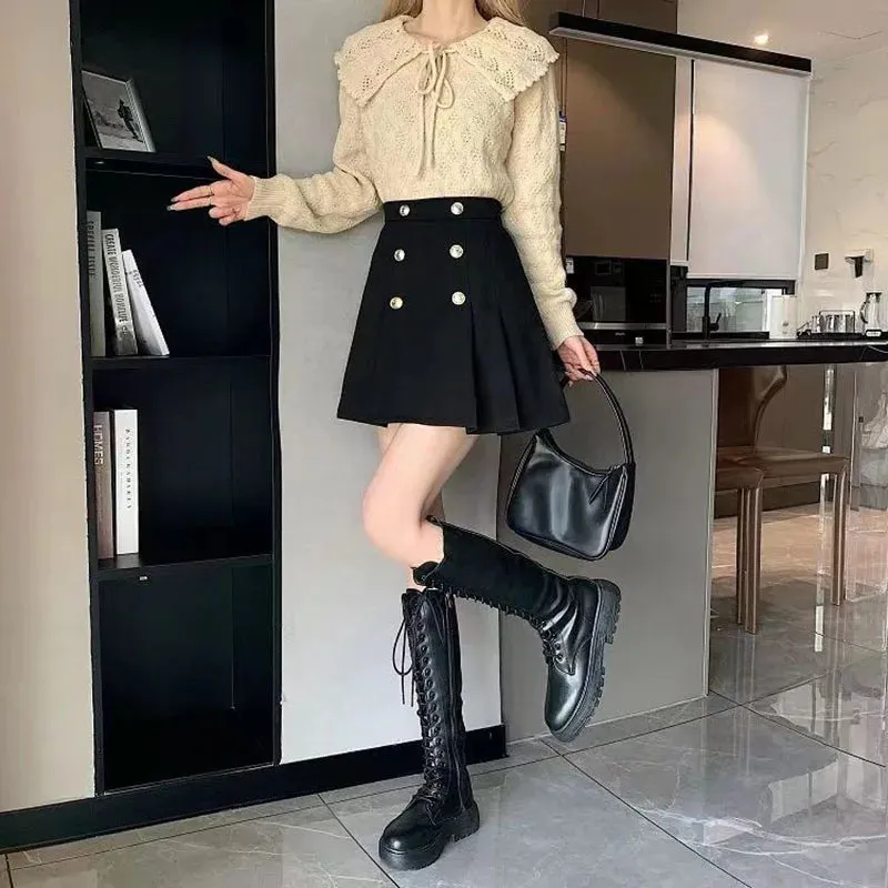 Toleet-Korean Chic Button Pleated Skirts Women Y2K Preppy Style High Waist Mini Skirts Female All-Match Zip A-Line Short Skirt