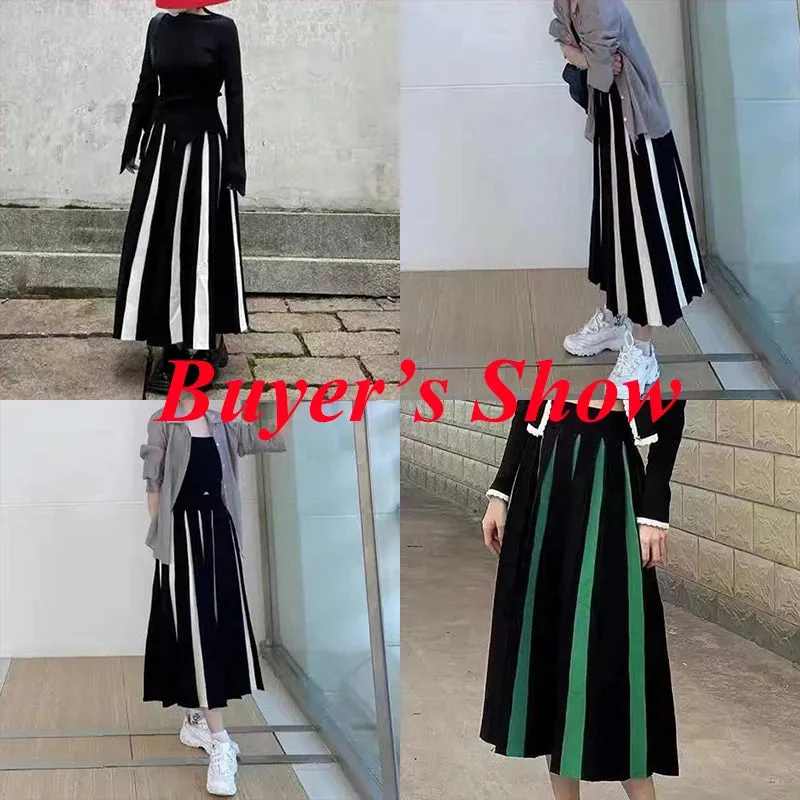 Toleet-Patchwork Knitted Long Skirt Women 2024 Spring High Waist Pleated Skirt Woman Chic Striped Mixed Color Midi Skirts Mujer