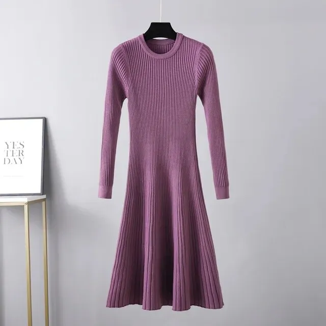 Toleet-Winter outfits  Long Sleeved High Waisted Short Knitted Dress Women Solid High Collar Sweater A-line Dresses Autumn Chic Female Street