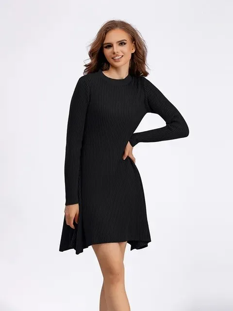 Toleet-Winter outfits  Long Sleeved High Waisted Short Knitted Dress Women Solid High Collar Sweater A-line Dresses Autumn Chic Female Street