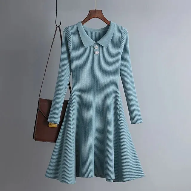 Toleet-Winter outfits  Long Sleeved High Waisted Short Knitted Dress Women Solid High Collar Sweater A-line Dresses Autumn Chic Female Street