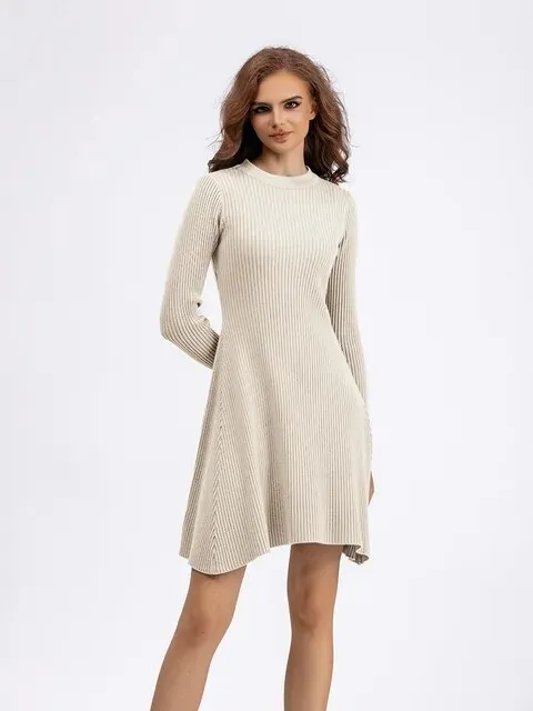 Toleet-Winter outfits  Long Sleeved High Waisted Short Knitted Dress Women Solid High Collar Sweater A-line Dresses Autumn Chic Female Street