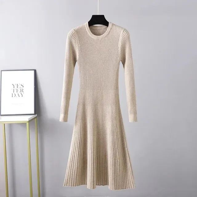 Toleet-Winter outfits  Long Sleeved High Waisted Short Knitted Dress Women Solid High Collar Sweater A-line Dresses Autumn Chic Female Street