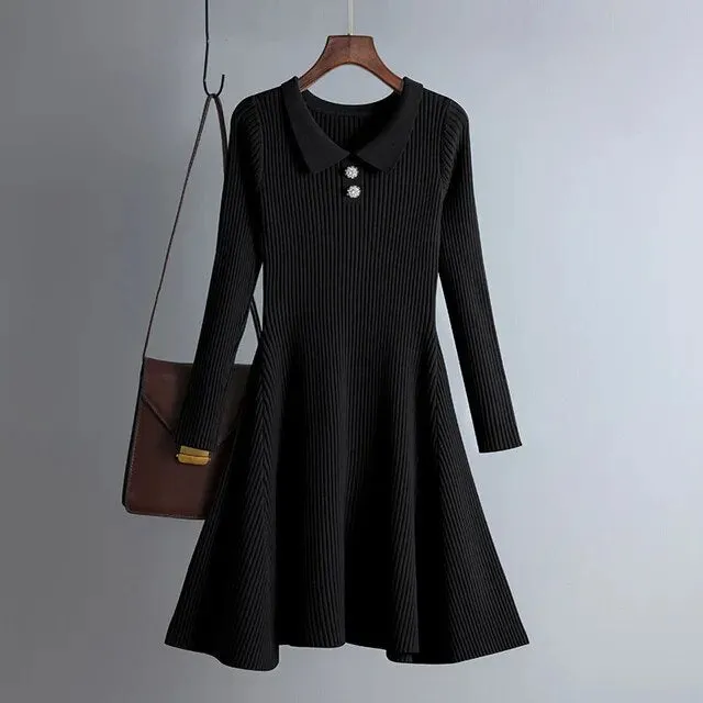 Toleet-Winter outfits  Long Sleeved High Waisted Short Knitted Dress Women Solid High Collar Sweater A-line Dresses Autumn Chic Female Street