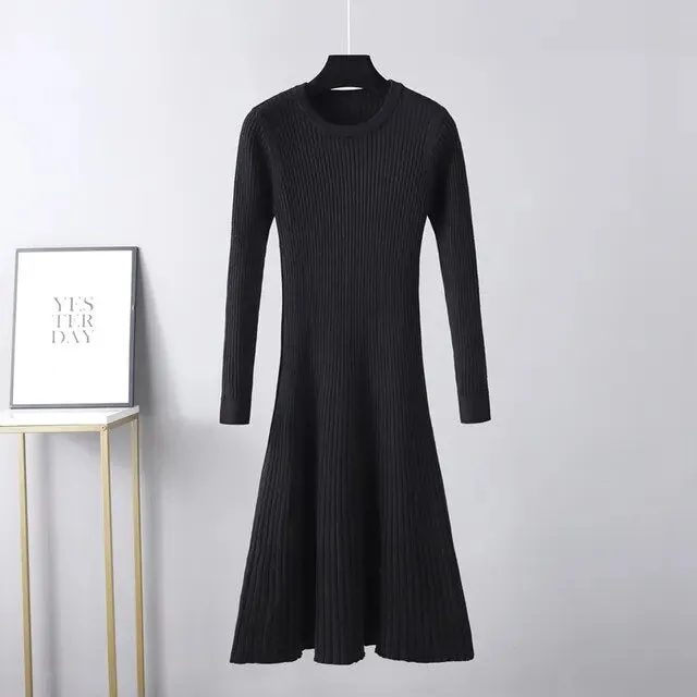 Toleet-Winter outfits  Long Sleeved High Waisted Short Knitted Dress Women Solid High Collar Sweater A-line Dresses Autumn Chic Female Street