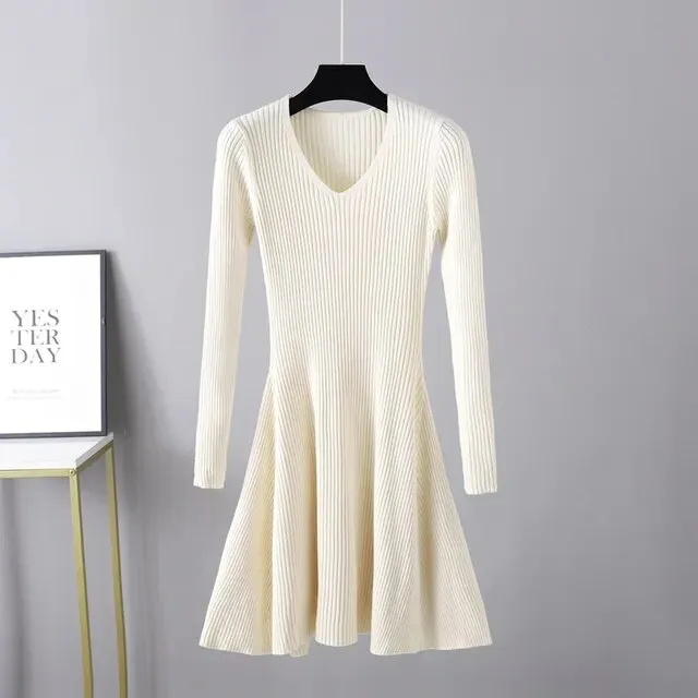 Toleet-Winter outfits  Long Sleeved High Waisted Short Knitted Dress Women Solid High Collar Sweater A-line Dresses Autumn Chic Female Street