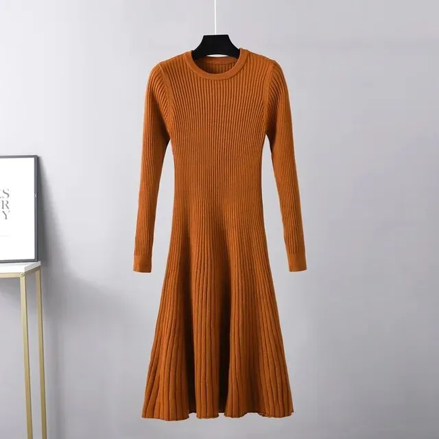 Toleet-Winter outfits  Long Sleeved High Waisted Short Knitted Dress Women Solid High Collar Sweater A-line Dresses Autumn Chic Female Street