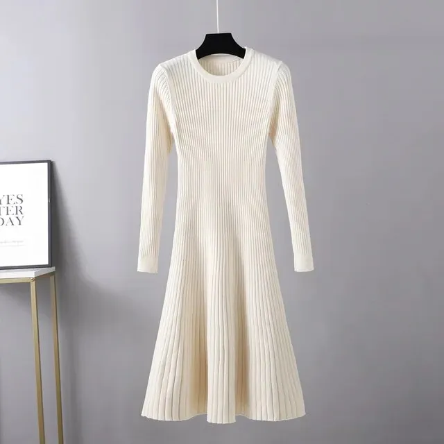 Toleet-Winter outfits  Long Sleeved High Waisted Short Knitted Dress Women Solid High Collar Sweater A-line Dresses Autumn Chic Female Street