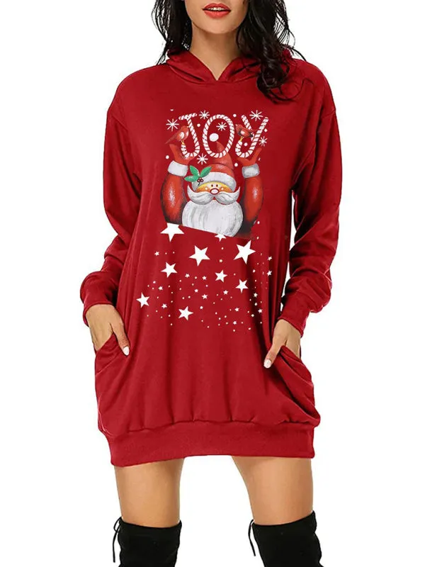 Toleet-Winter outfits Women's Christmas Print Mid Length Hooded Sweater Dress