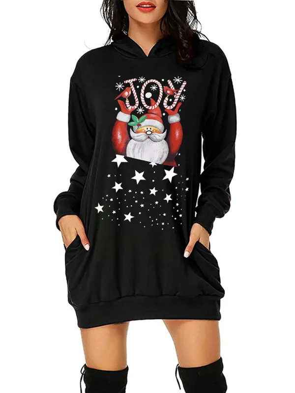 Toleet-Winter outfits Women's Christmas Print Mid Length Hooded Sweater Dress