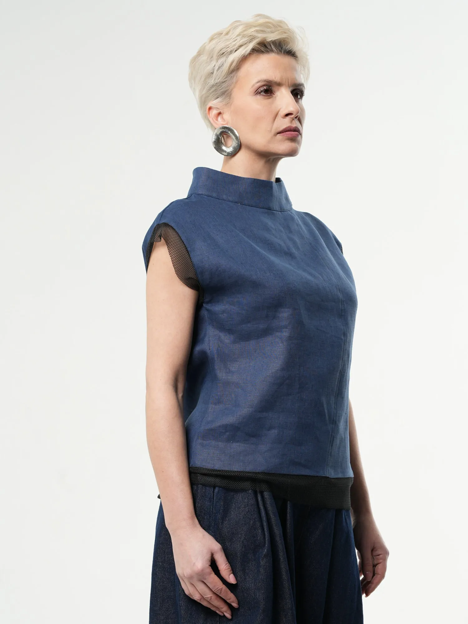 Turtleneck Linen Top In Blue