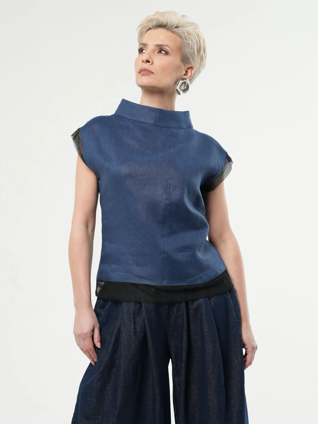 Turtleneck Linen Top In Blue