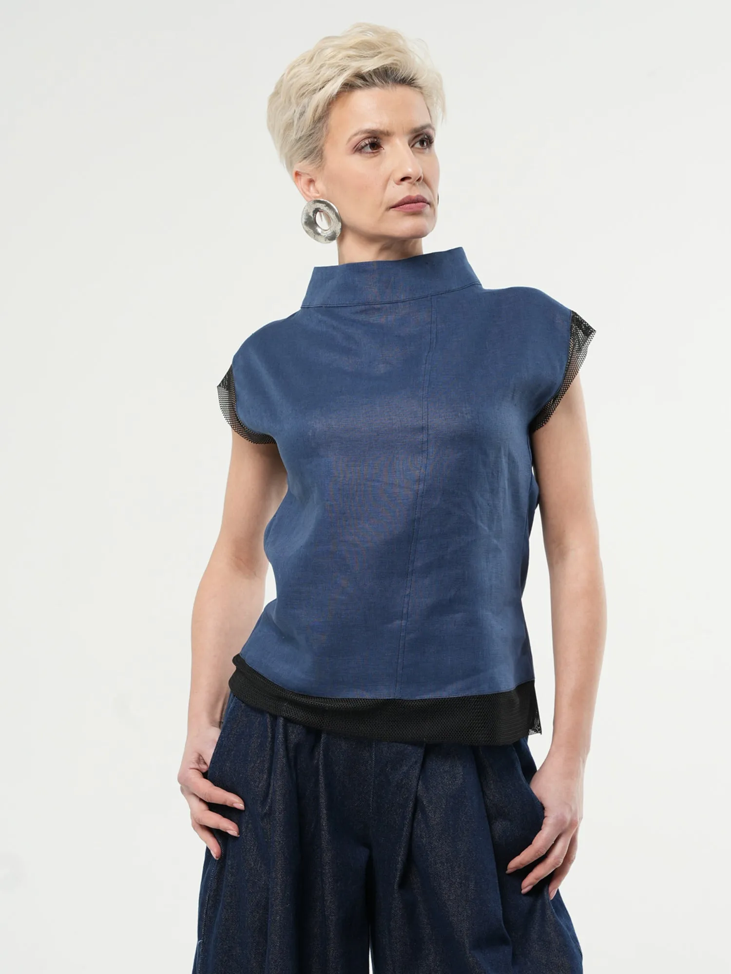 Turtleneck Linen Top In Blue