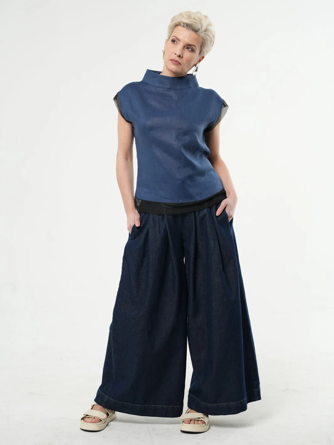 Turtleneck Linen Top In Blue