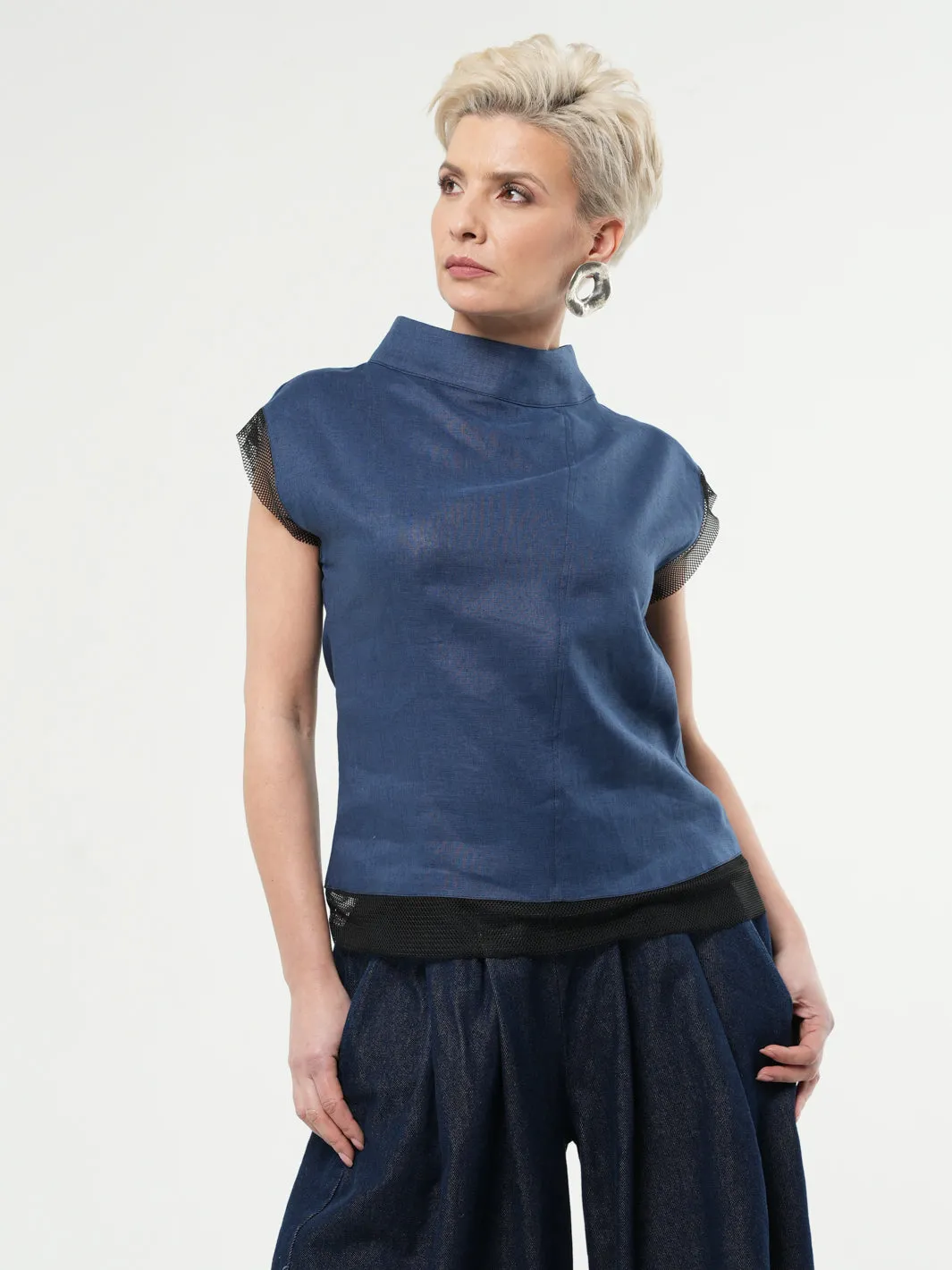 Turtleneck Linen Top In Blue