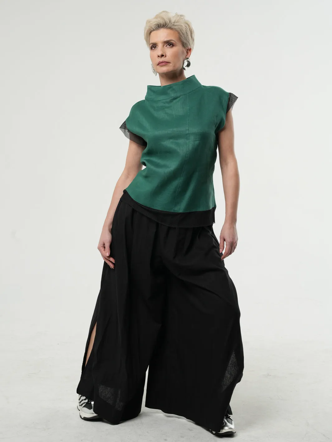 Turtleneck Linen Top In Green