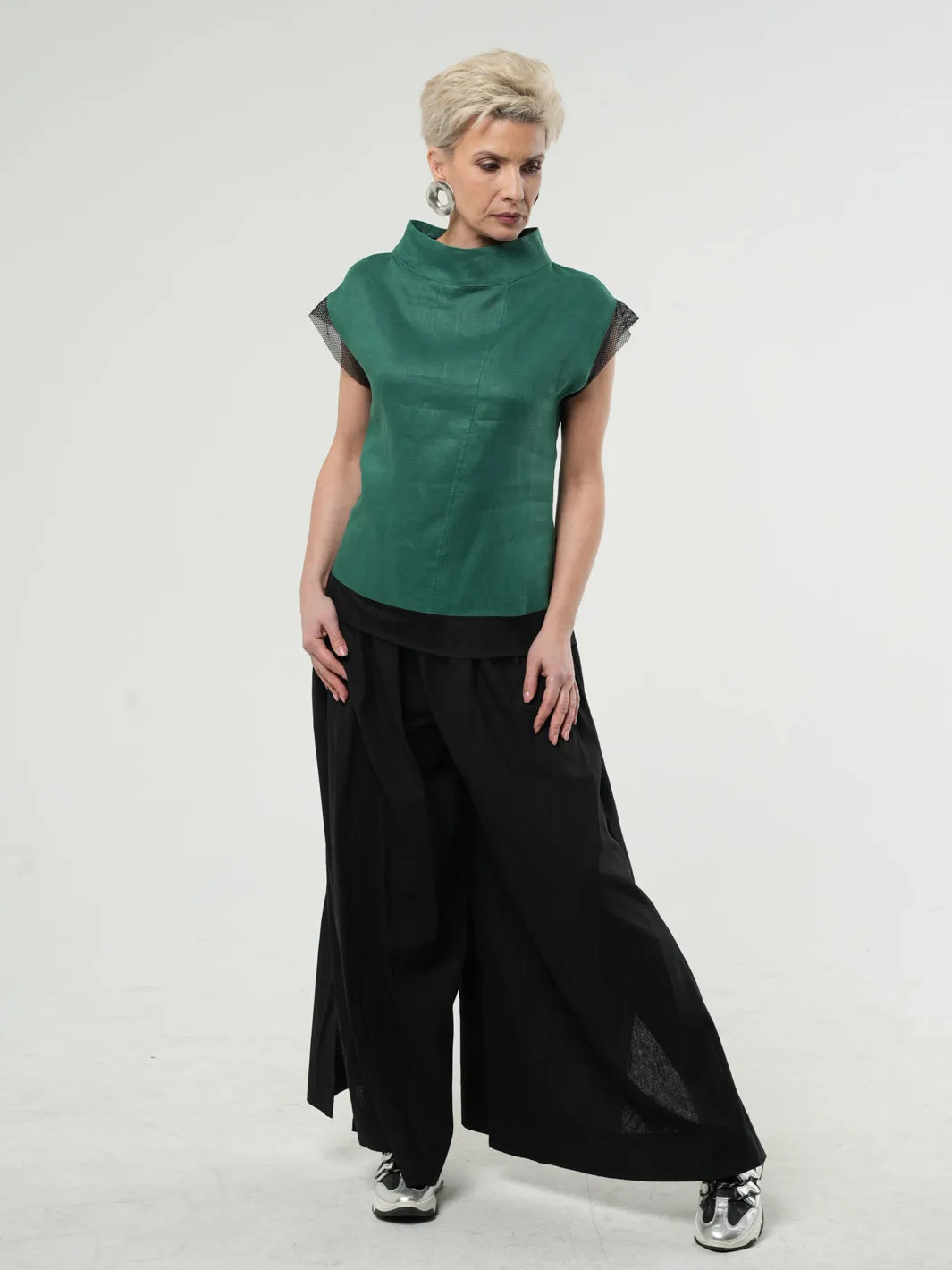 Turtleneck Linen Top In Green