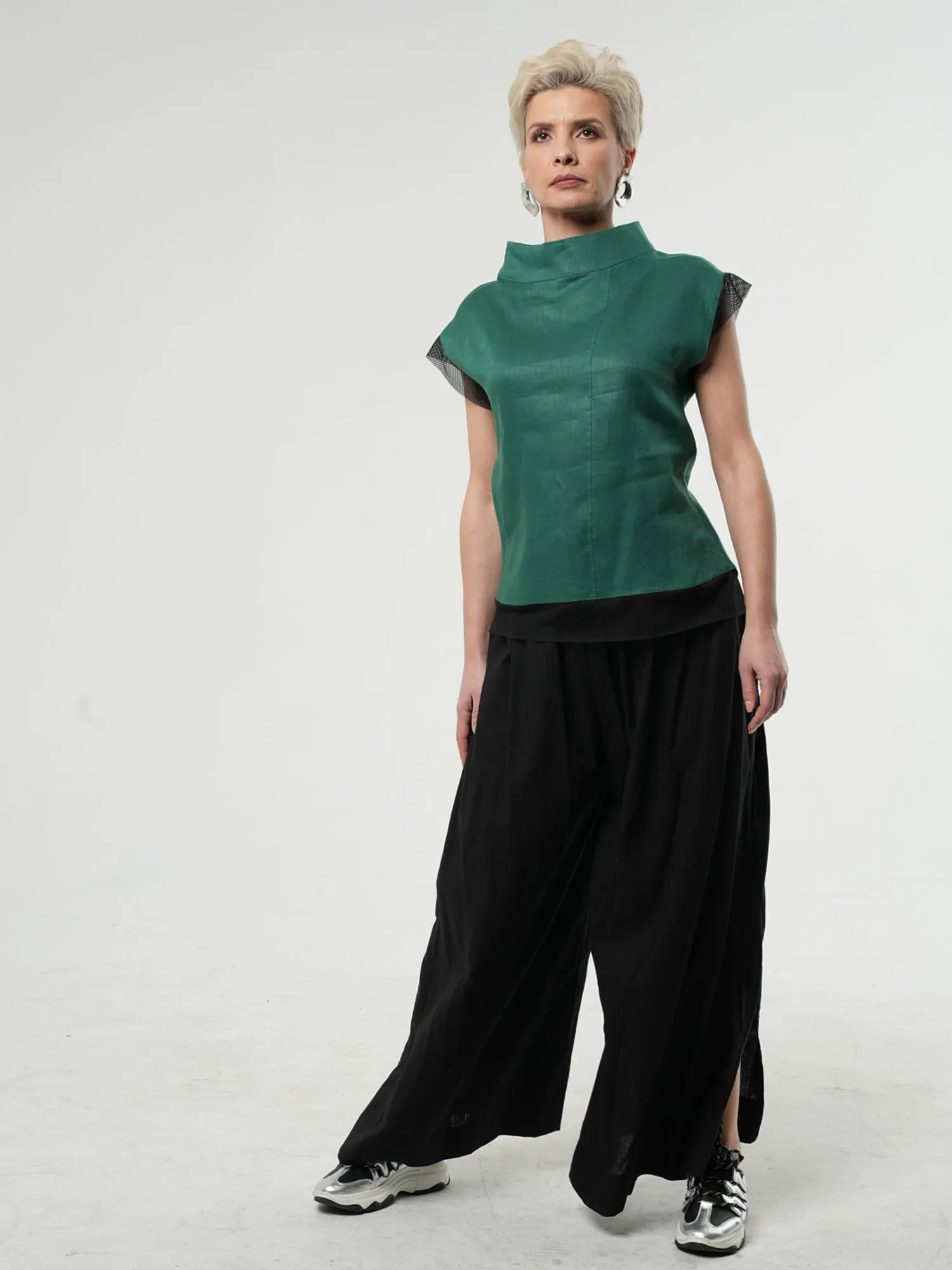 Turtleneck Linen Top In Green