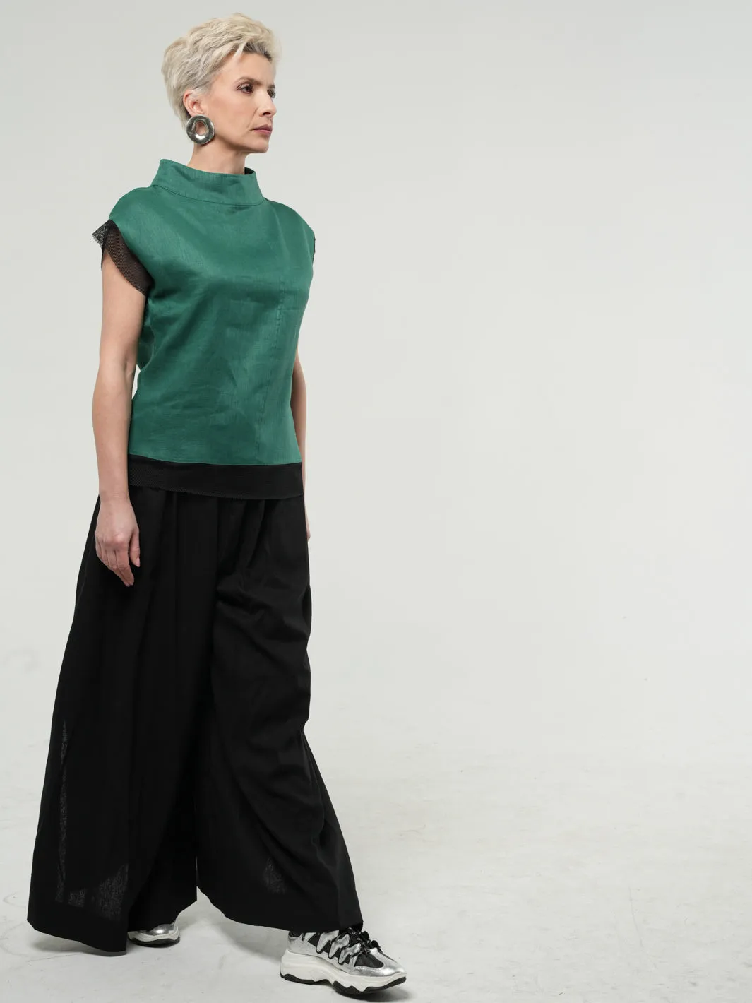 Turtleneck Linen Top In Green