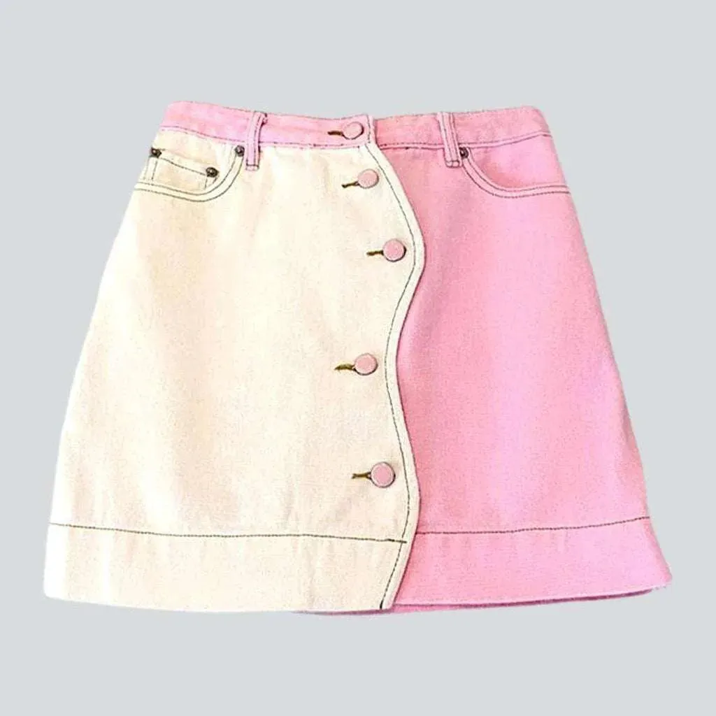 Two-tone patchwork pink denim skirt