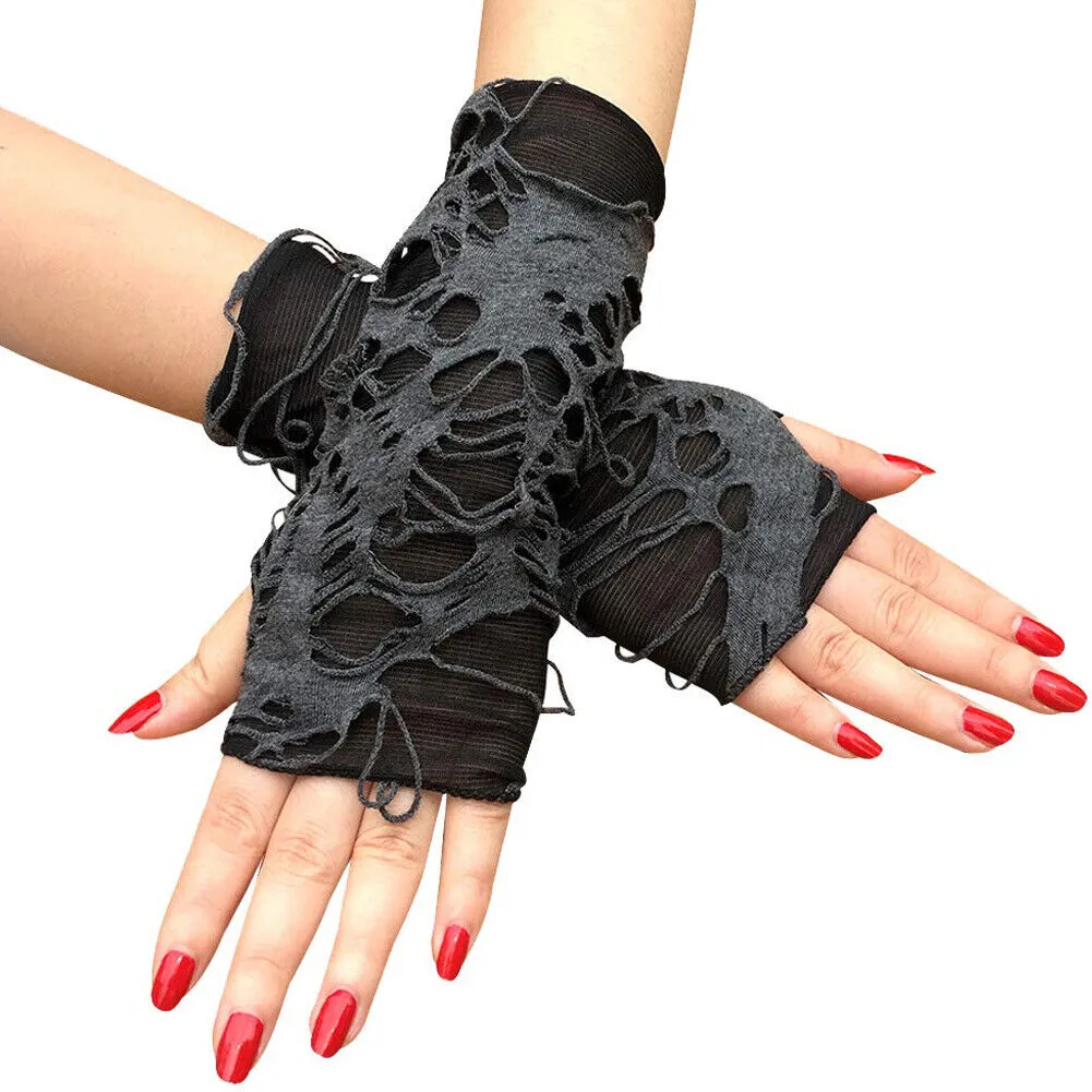 US Women's Punk Fingerless Gloves Black Gothic Cosplay Halloween Ripped Gloves