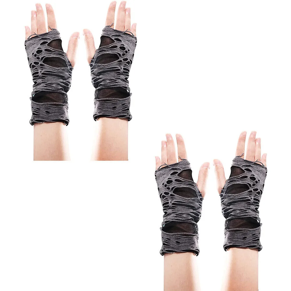 US Women's Punk Fingerless Gloves Black Gothic Cosplay Halloween Ripped Gloves