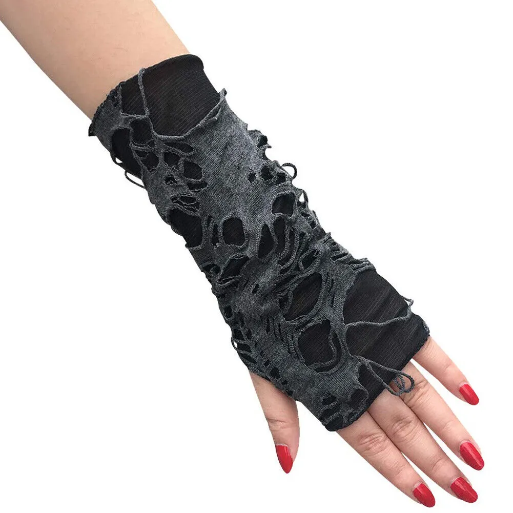 US Women's Punk Fingerless Gloves Black Gothic Cosplay Halloween Ripped Gloves