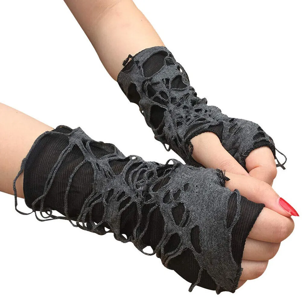 US Women's Punk Fingerless Gloves Black Gothic Cosplay Halloween Ripped Gloves