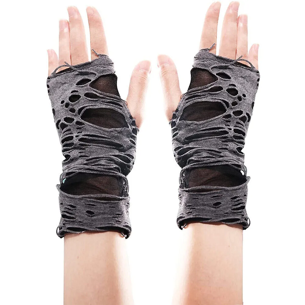 US Women's Punk Fingerless Gloves Black Gothic Cosplay Halloween Ripped Gloves