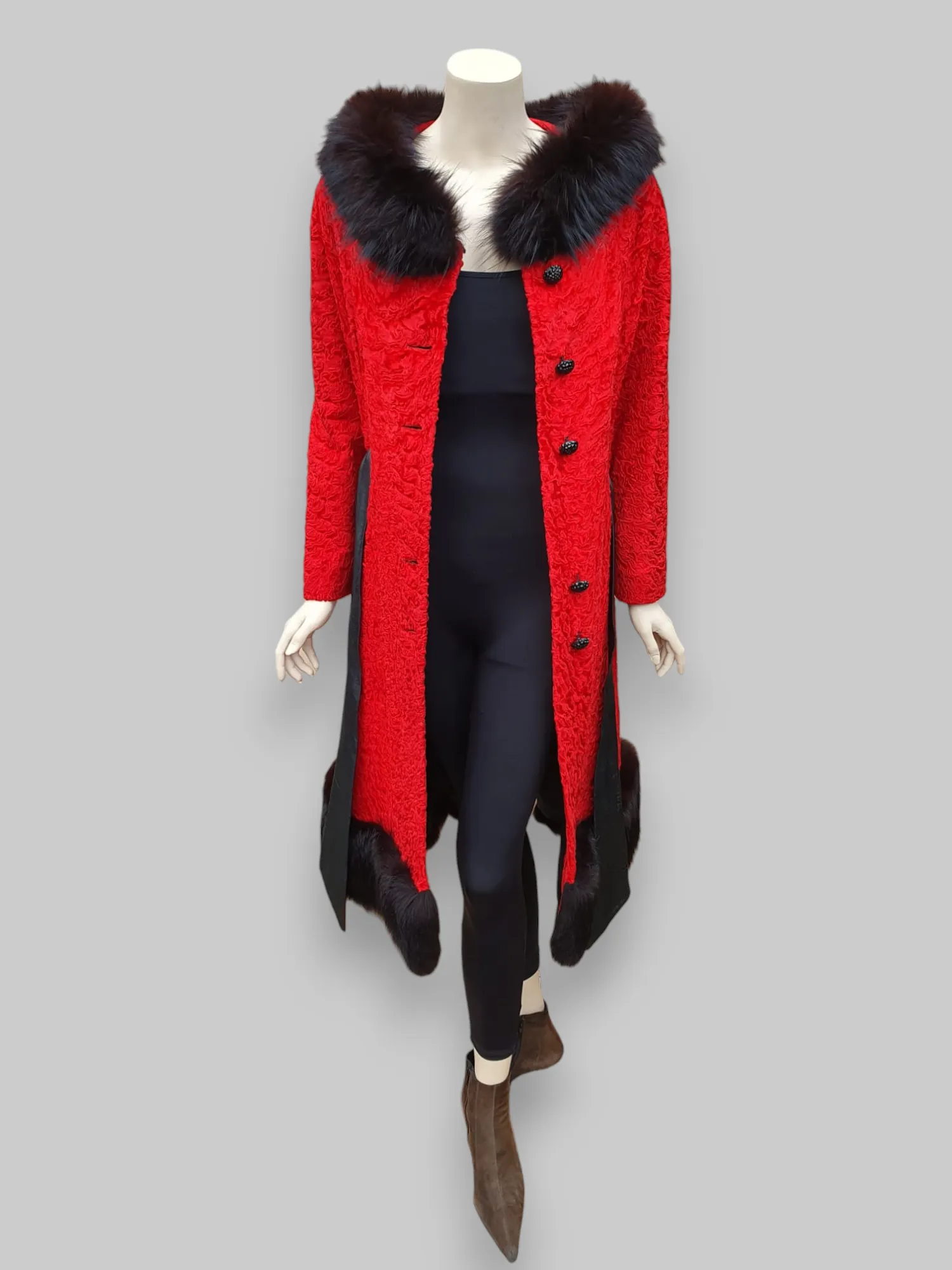 Vintage Red American Broadtail & Fox Fur Coat -Medium