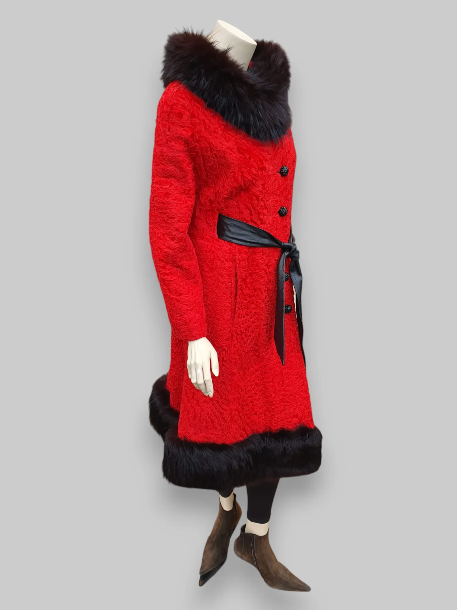 Vintage Red American Broadtail & Fox Fur Coat -Medium