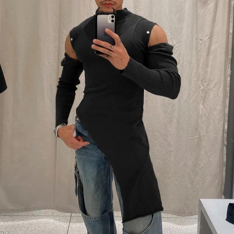 Wiaofellas  -  Fall Winter Elastic Skinny Turtleneck Tops Men Clothing Fashion Solid Rib Asymmetric Shirts Casual Button-Open Sleeved Tees