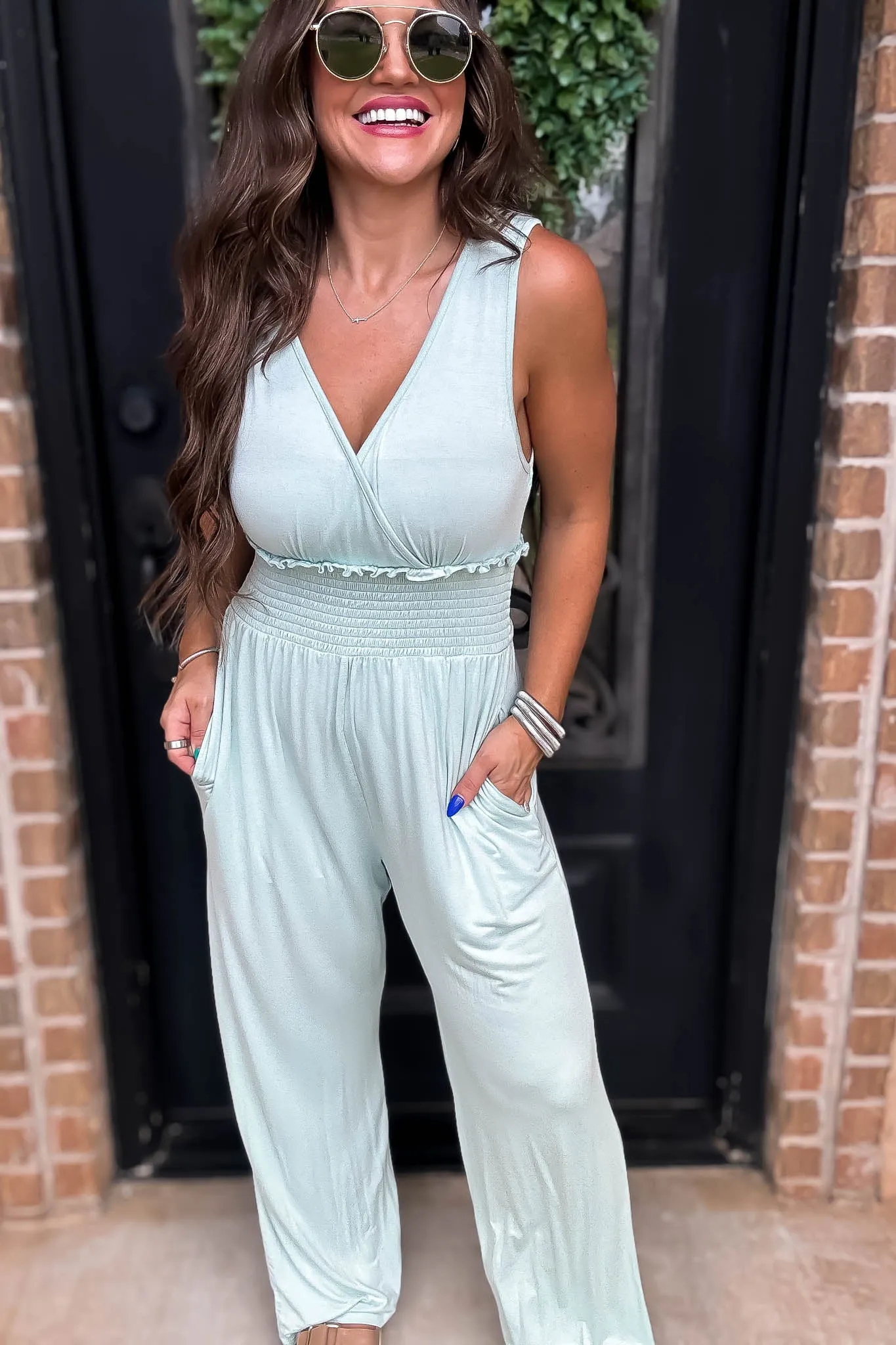 Wide Leg Minty Surf Spray Smocked Waist Jumpsuit