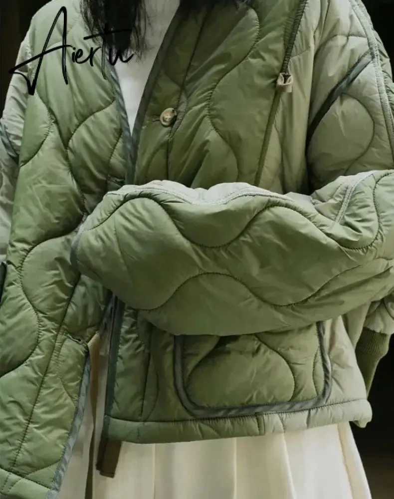 Winter Color Contrast Cotton Padded Jacket Women Loose Light Casual Warm Parkas Female Sense Design Black/Green