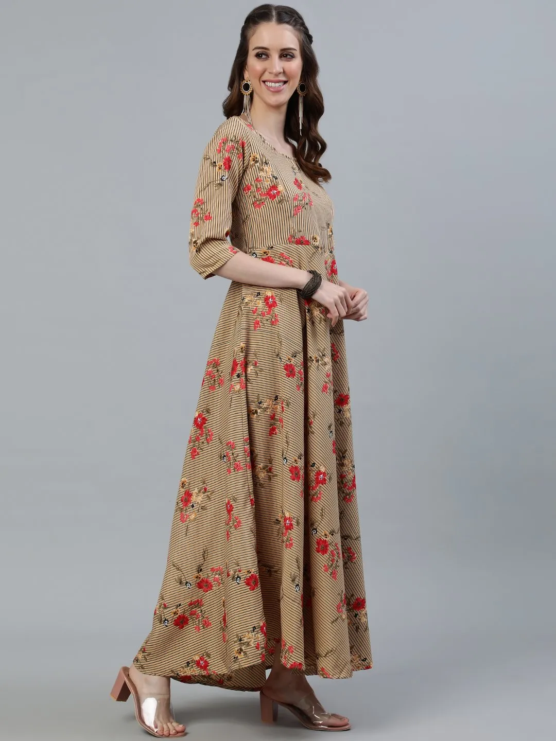 Women Beige Printed Maxi Dress With Three Quarter Sleeves