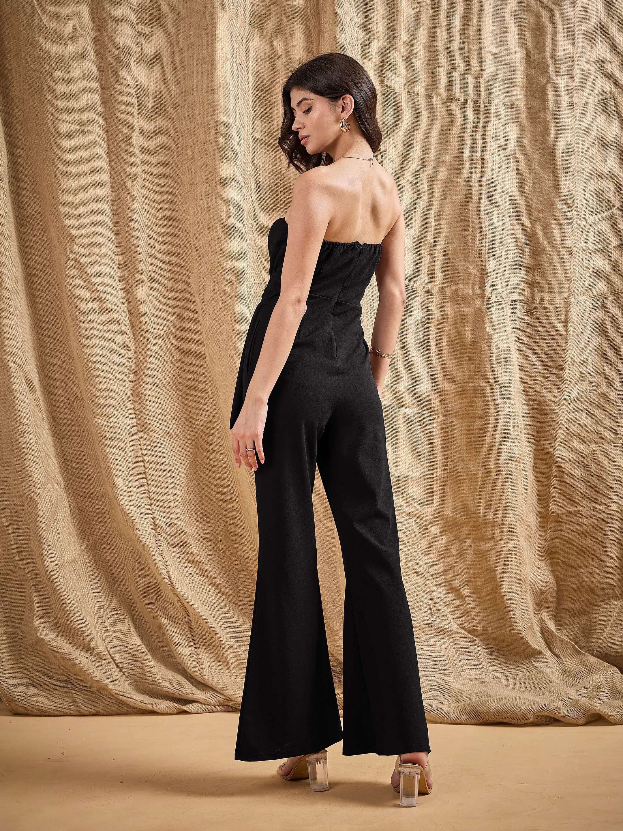 Women Black Off-Shoulder Belted Jumpsuit