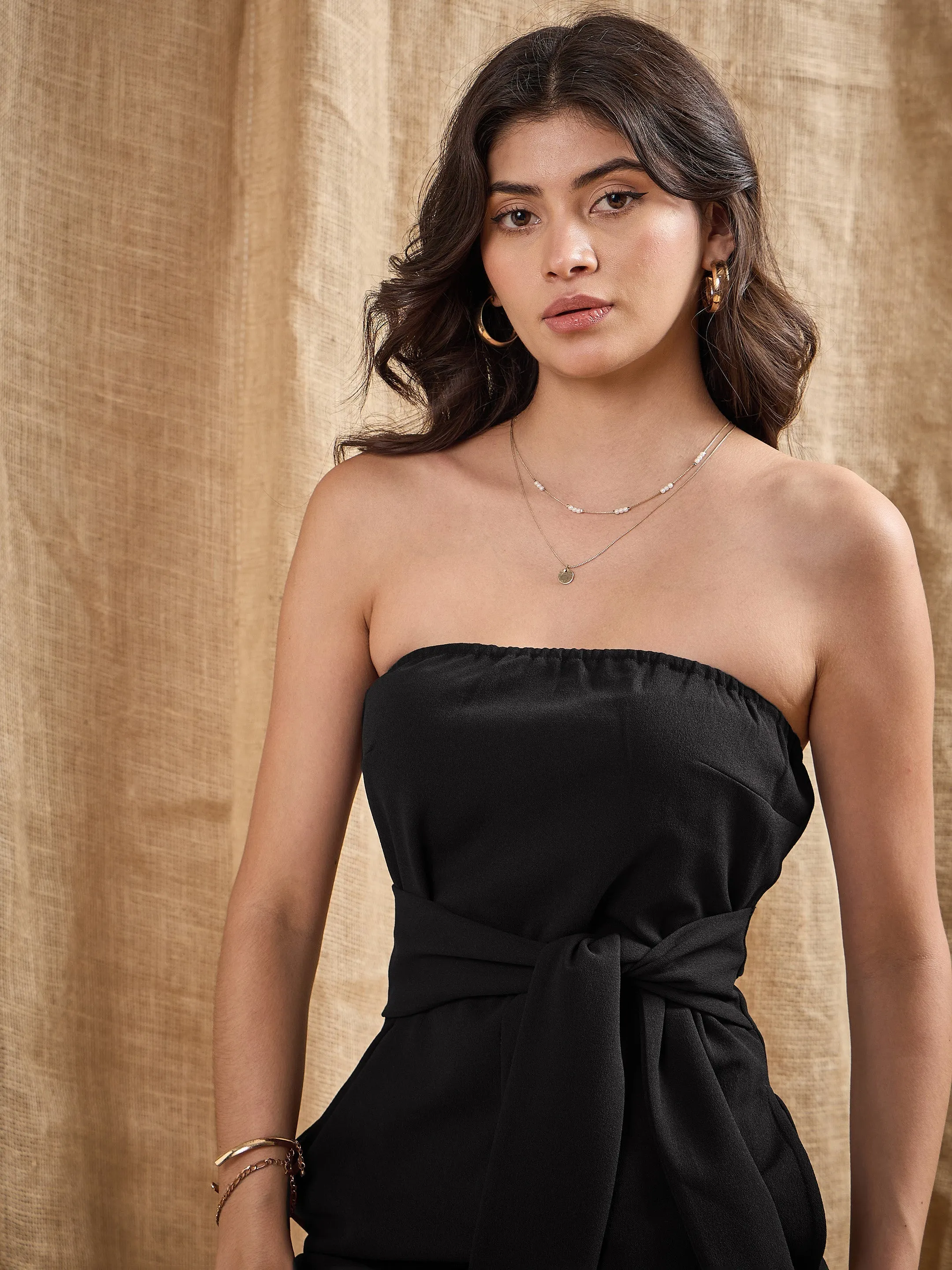 Women Black Off-Shoulder Belted Jumpsuit