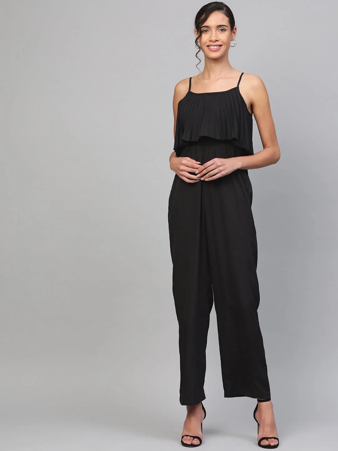 Women Black Pleated Palazzo Jumpsuit