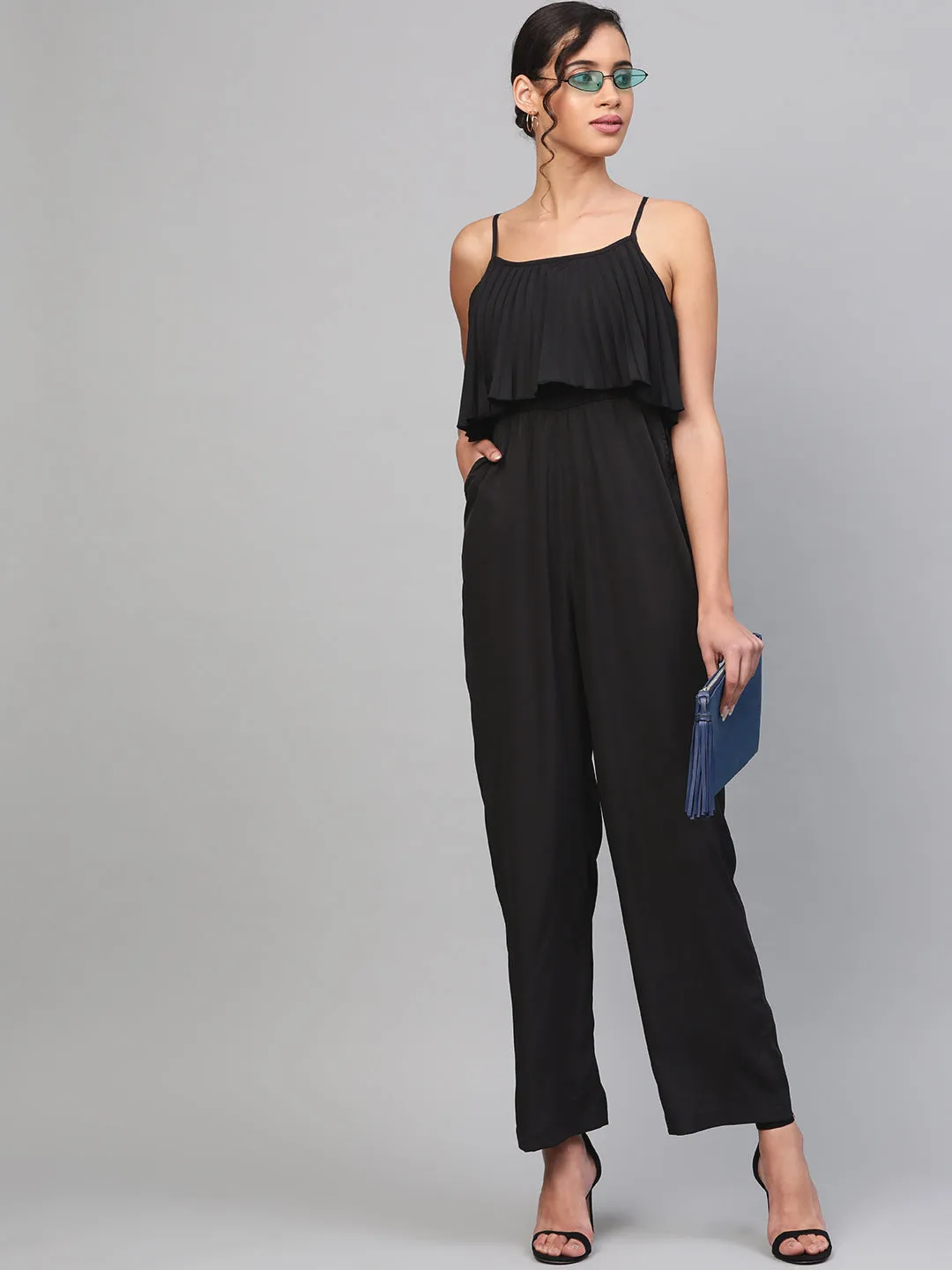 Women Black Pleated Palazzo Jumpsuit