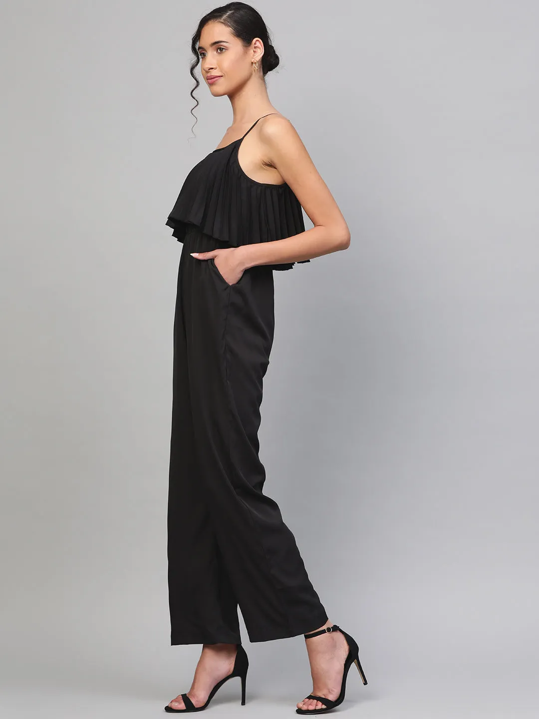 Women Black Pleated Palazzo Jumpsuit