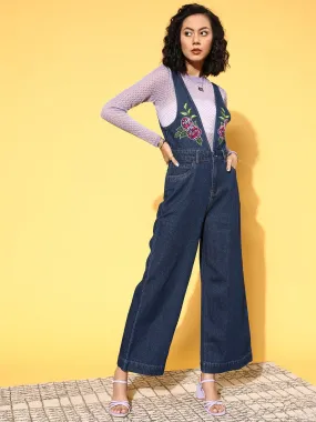 Women Dark Blue Embroidered Denim Jumpsuit