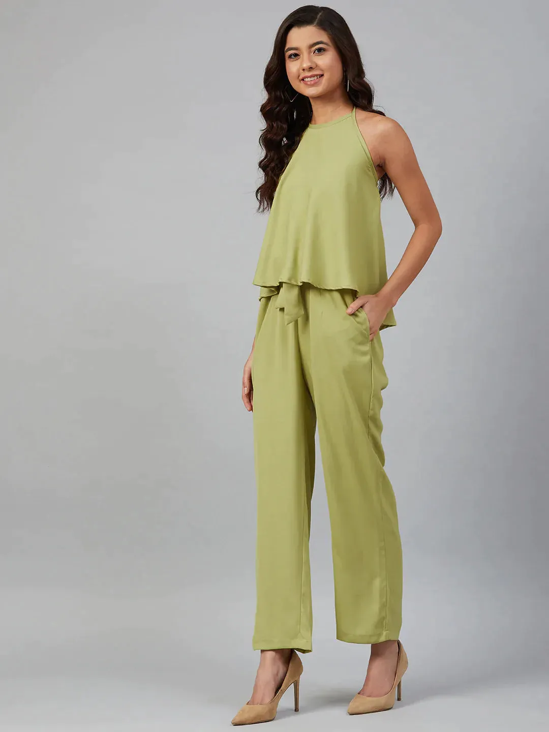 Women Green-Coloured Solid Halter Neck Basic Jumpsuit