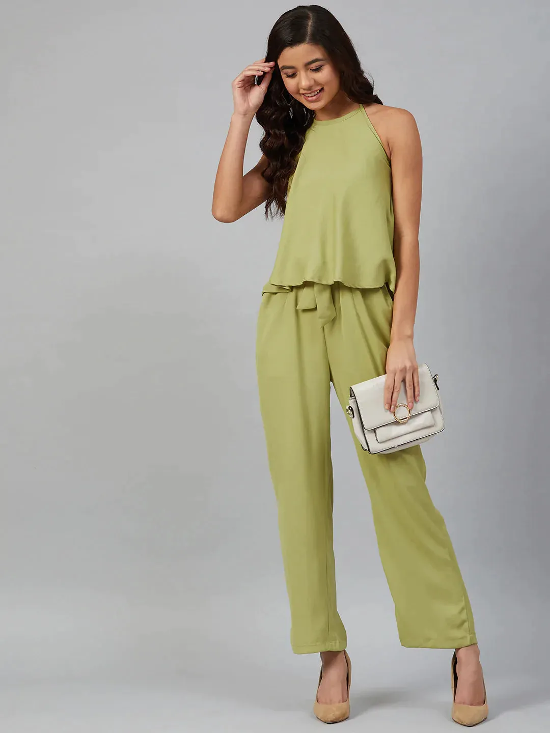 Women Green-Coloured Solid Halter Neck Basic Jumpsuit