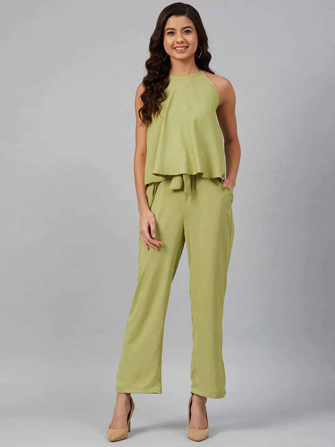 Women Green-Coloured Solid Halter Neck Basic Jumpsuit