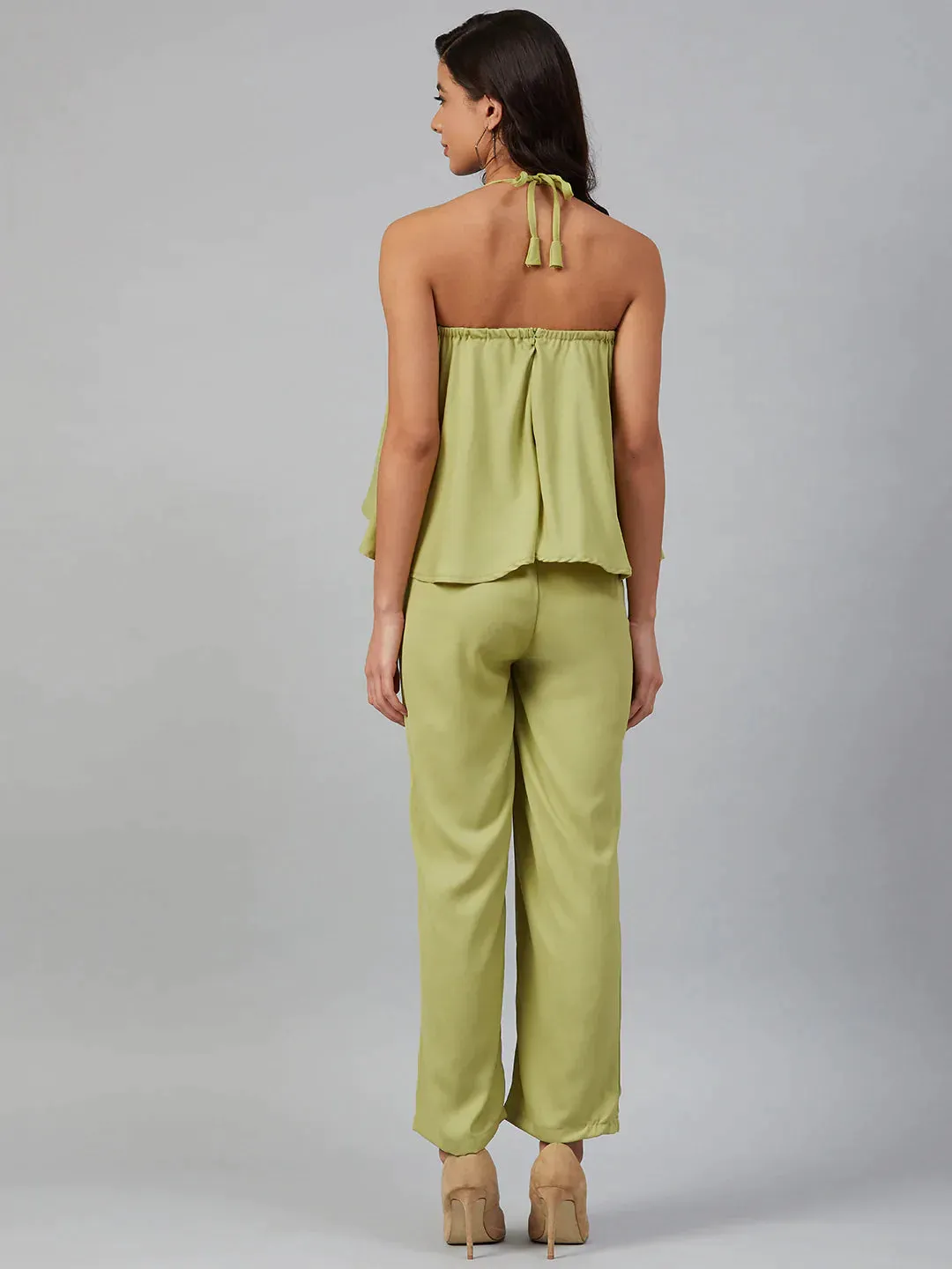 Women Green-Coloured Solid Halter Neck Basic Jumpsuit